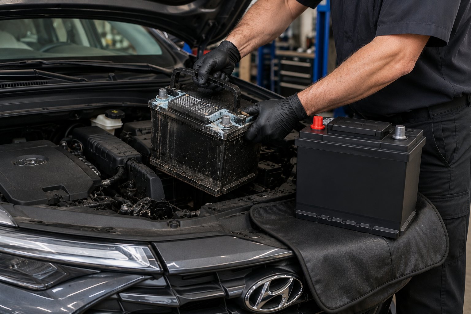 Mechanic replacing a corroded car battery