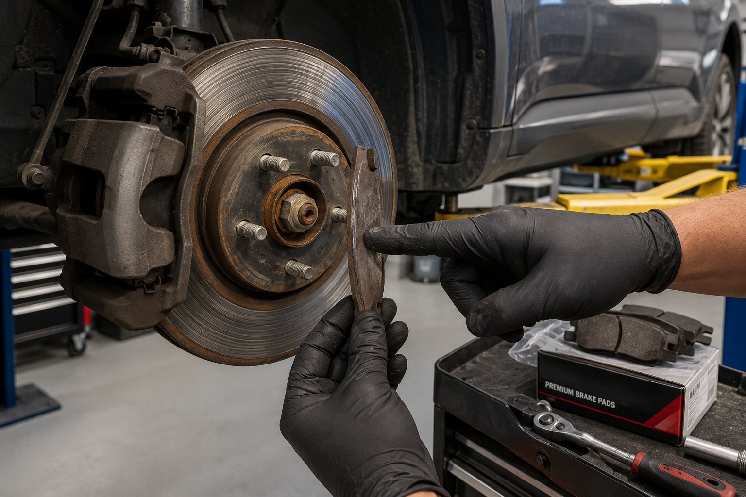 Worn brake pad next to a new set of brake pads