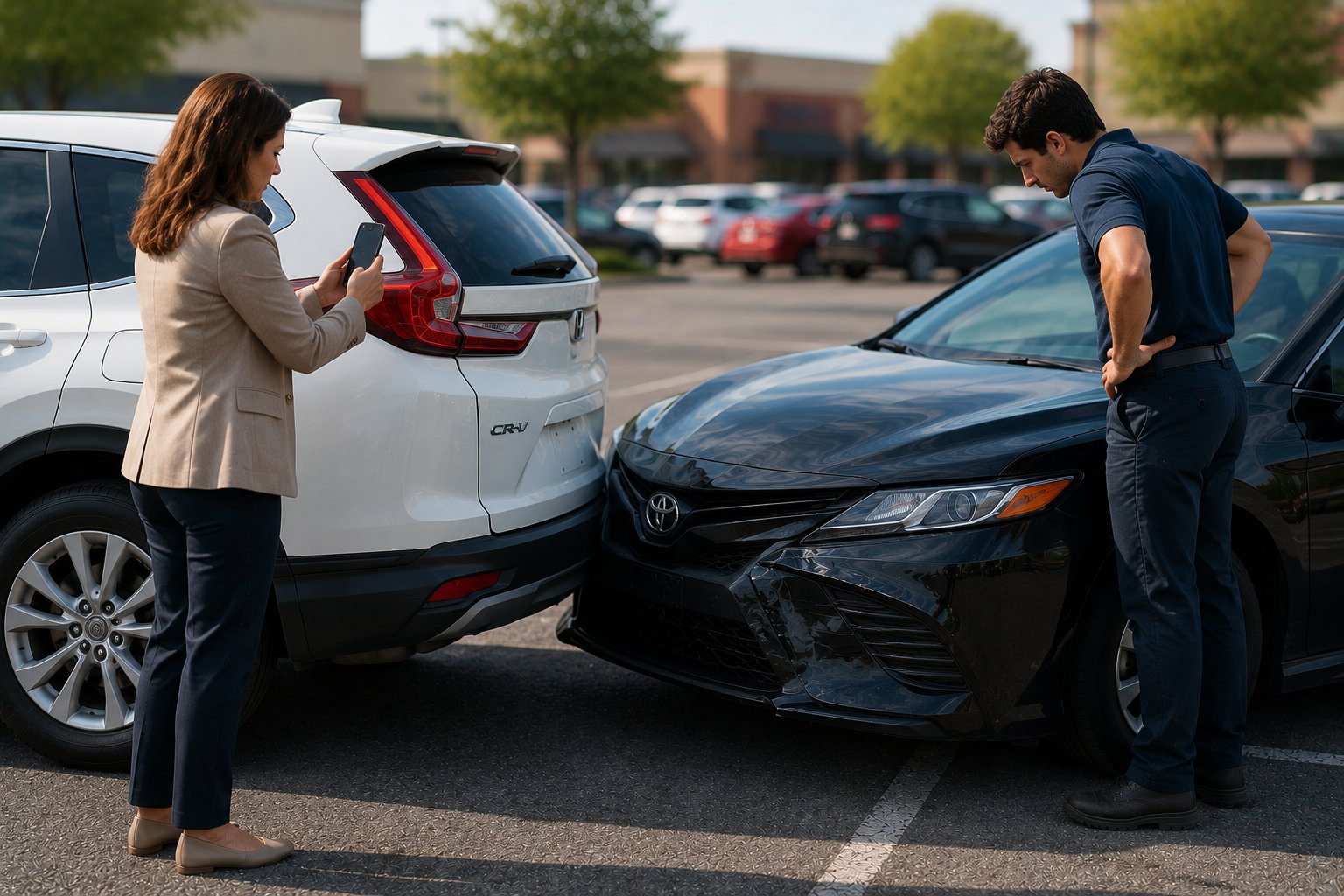 Two drivers exchanging information after a fender bender