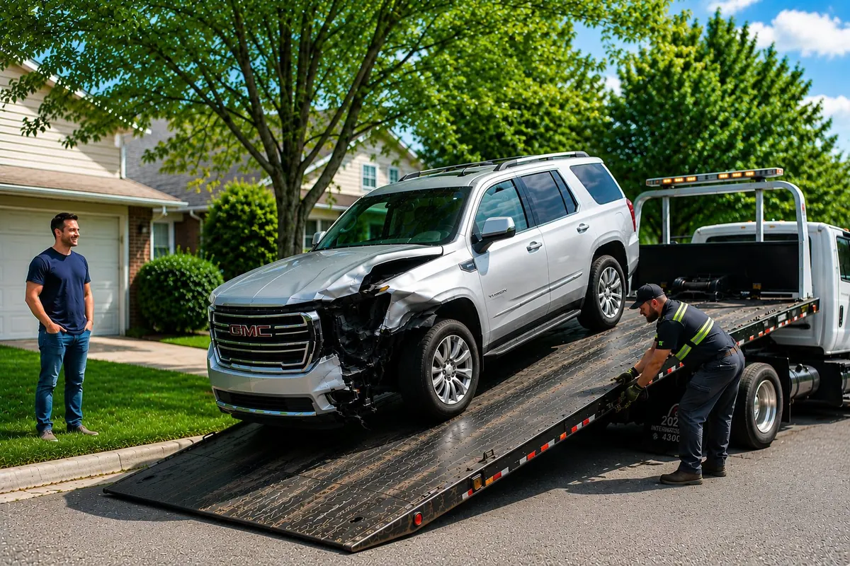 Honeycutt Towing driver loading a wrecked silver GMC Yukon onto a flatbed for cash-for-cars pickup at a Birmingham home