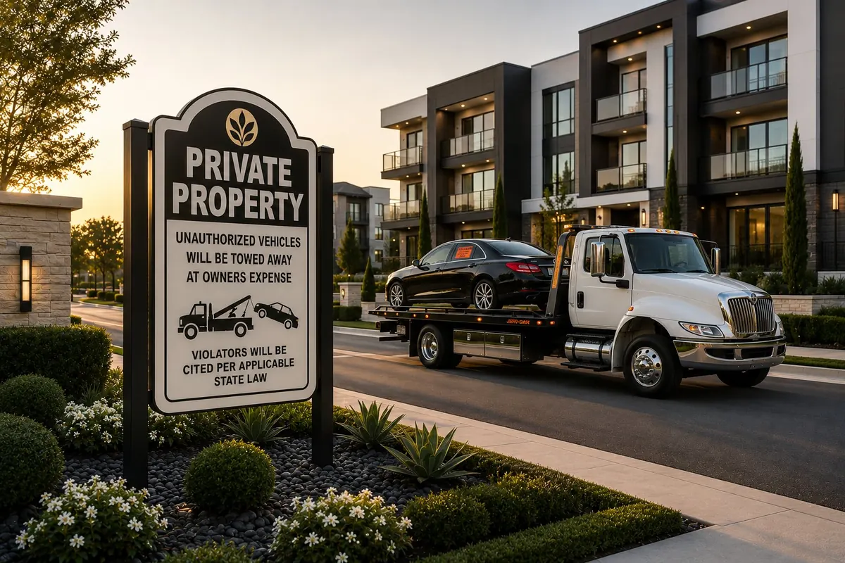 Honeycutt Towing flatbed removing an unauthorized vehicle from an apartment complex private property
