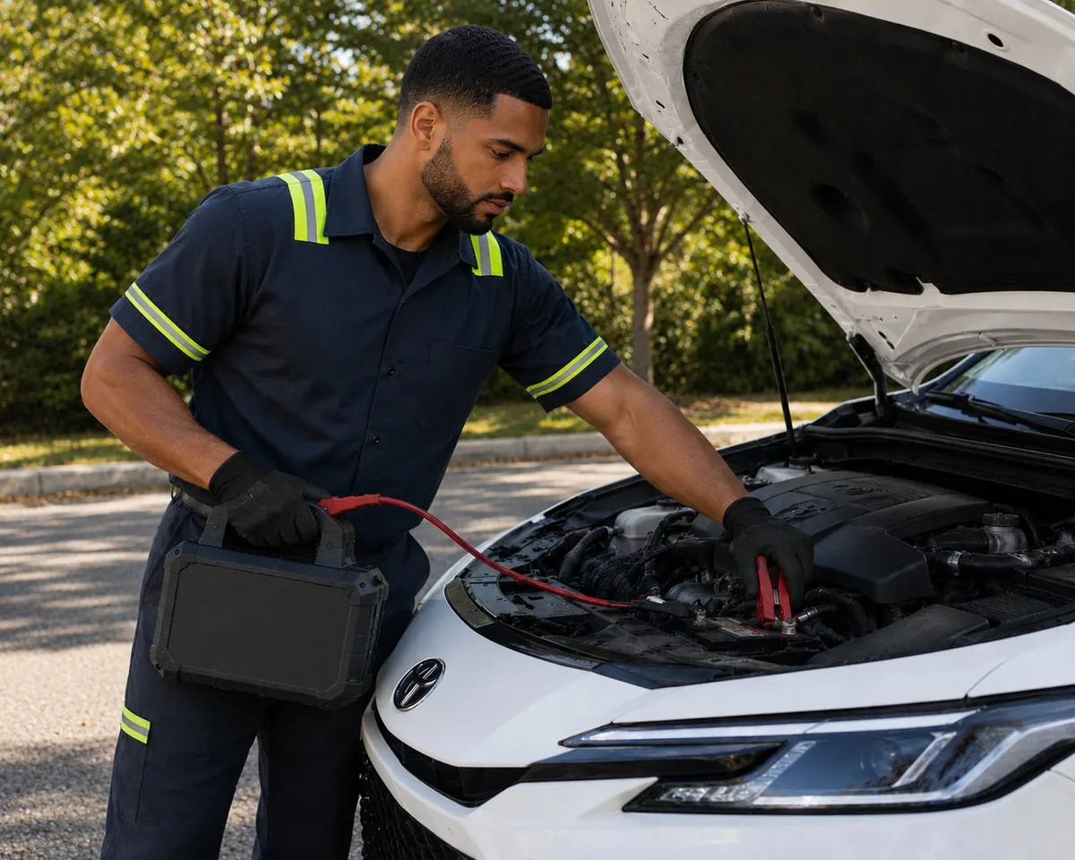 Honeycutt Towing technician jump-starting a vehicle in Birmingham