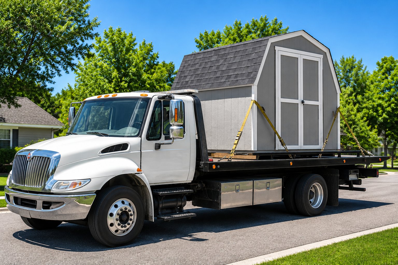 Storage shed being transported on a flatbed
