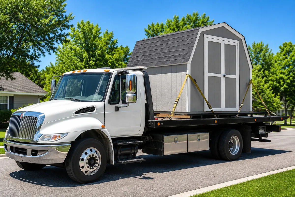 Storage shed being transported on a flatbed